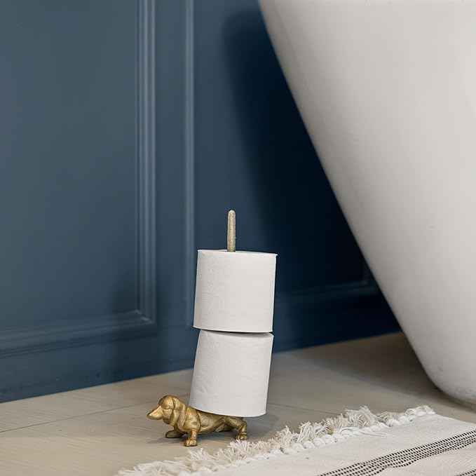 WallCharmers Gold Paper Towel Holder, Metal Toilet or Kitchen Paper Holder for Floor or Countertop, Gold Dog