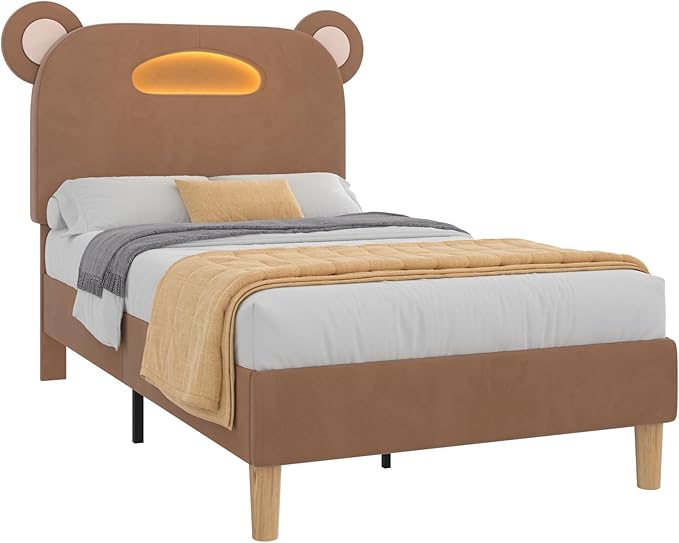 VECELO Twin Size Bed Frame, Bear-Shaped Adjustable Headboard with LED Lights & Storage, Upholstered Platform with Strong Wooden Slats Support, No Box Spring Needed, Brown