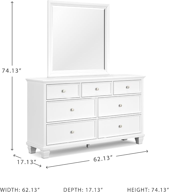 Signature Design by Ashley Fortman Casual Dresser and Mirror, Tapered Feet, 7 Storage Drawers, Round Satin Nickel Metal Knobs, Wood, 74.13" High, White