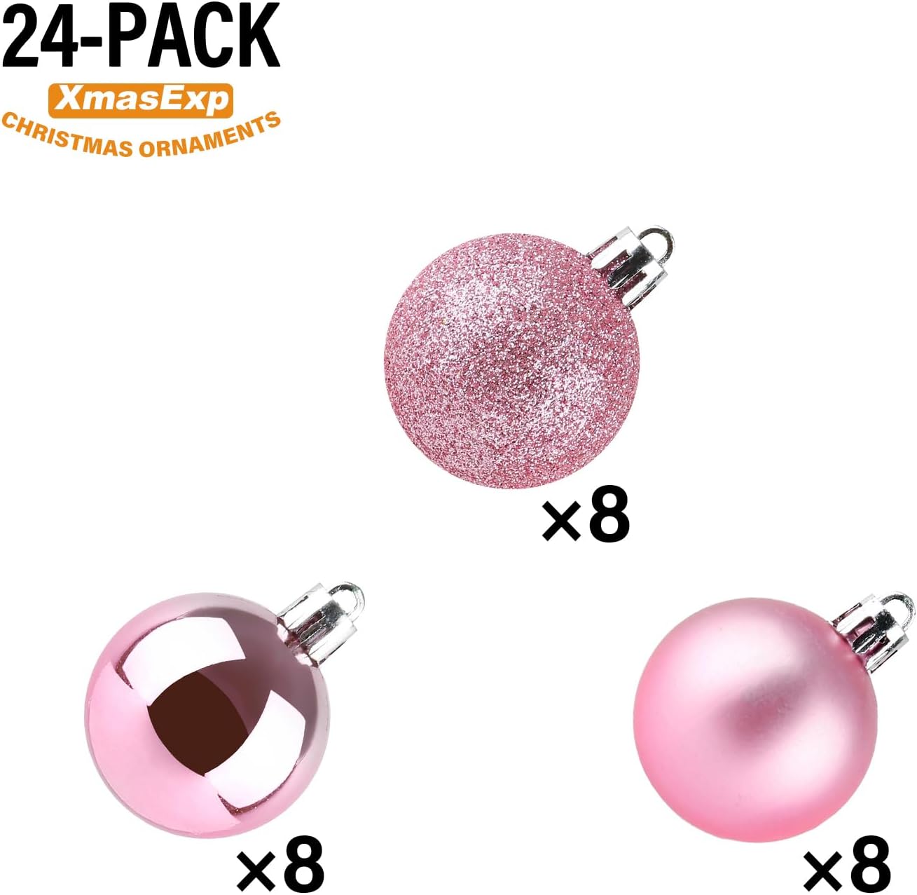 XmasExp 24ct Mini Christmas Ball Ornaments Shatterproof Christmas Ornaments Set Decorations for Xmas Tree Balls 30mm/1.18" (Pink)