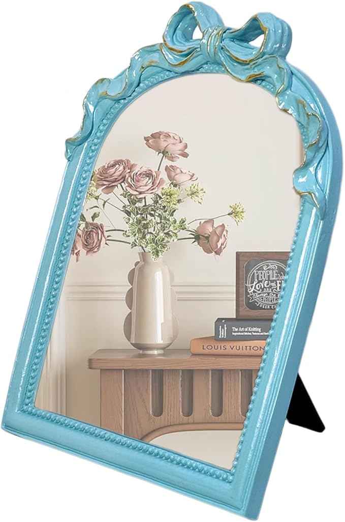 Blue Bow Mirror - 13x10 Inch Perfect Elegant Decorative Accent, Wall-Mounted Tabletop Makeup Mirror for Nursery Baby Room Bedroom Decor