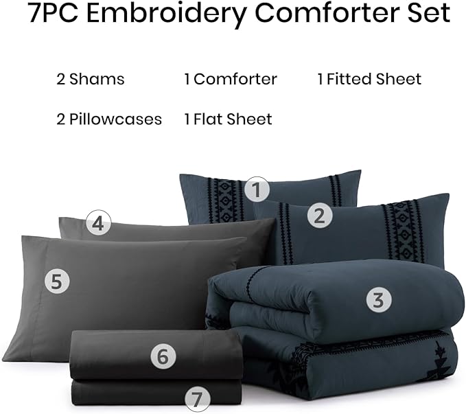 MaiRêve California King Comforter Set Blue Grey, Embroidery Western Bedding Set Boho 7 Pieces, Farmhouse All-Season Bed in A Bag with Sheets, Pillowcases & Shams