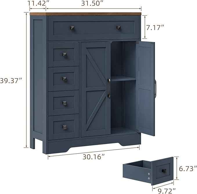 Vabches Farmhouse Storage Cabinet with 2 Doors and 5 Drawers, Freestanding Bathroom Cabinets Kitchen Pantry, Floor Storage Cabinet Hutch Cupboard for Living Room/Bathroom/Kitchen.Blue