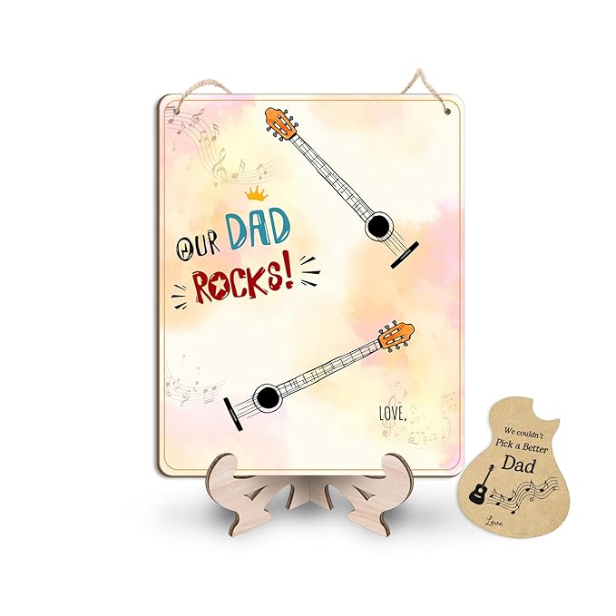 DIY Our Dad Rocks Guitar Craft Plaque Baby Handprint Gifts for Dad Papa Musician Guitar Player, Baby First Fathers Day Art Craft for Guitarist Father, Best Dad Ever Gifts with Kids Handprint Keepsake