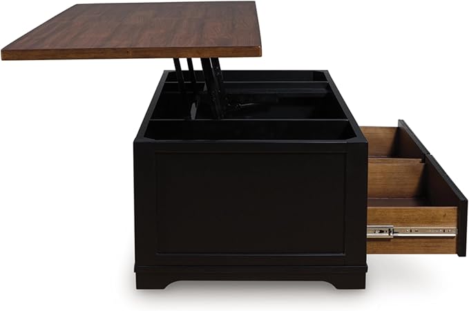 Signature Design by Ashley Wildenauer Lift Top Cocktail Table, Satin Finish Base, 2 Drawers, 2 Storage Bins, Hardwood Solids, 52" W x 28" D x 19" H, Light Brown & Black