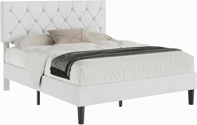 VECELO Full Size Bed Frame with Diamond Tufted Headboard, Upholstered Platform Bedframe with Wood Slat Support, No Box Spring Needed, Velvet & White