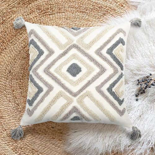 Boho Pillow Covers 20X20 Inch Boho Tufted Throw Pillow Covers Decorative Tassels Cushion Cover Farmhouse Pillow Case for Couch Sofa Bed Living Room Bedroom