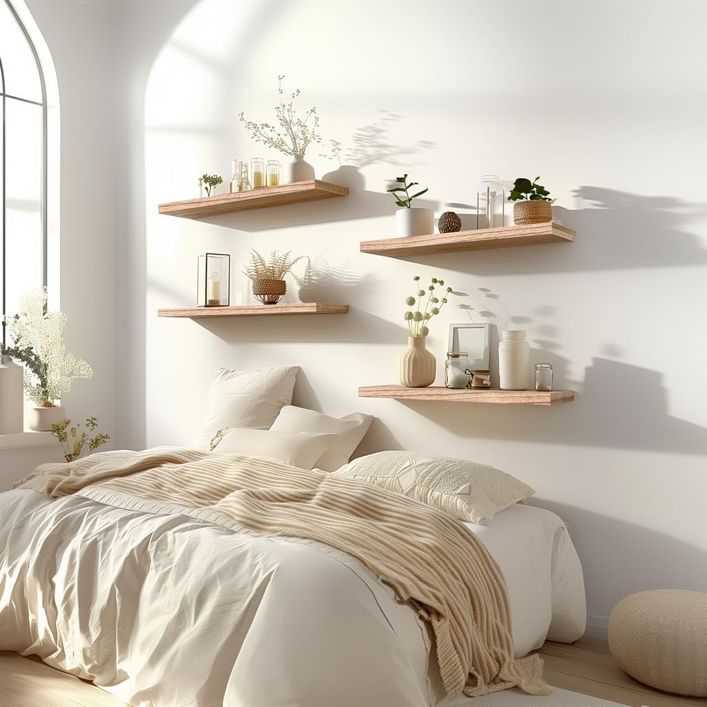 Light Wood Floating Shelves for Wall Rustic Wall Shelves for Bedroom Set of 6 - Décor Diaries