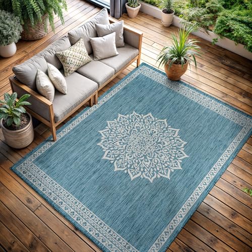Outdoor Rug 6x9 Medallion Aqua Modern Area Rugs for Indoor and Outdoor Patios Kitchen and Hallway Mats Washable Porch Deck Outside Carpet (60 Sq Ft)