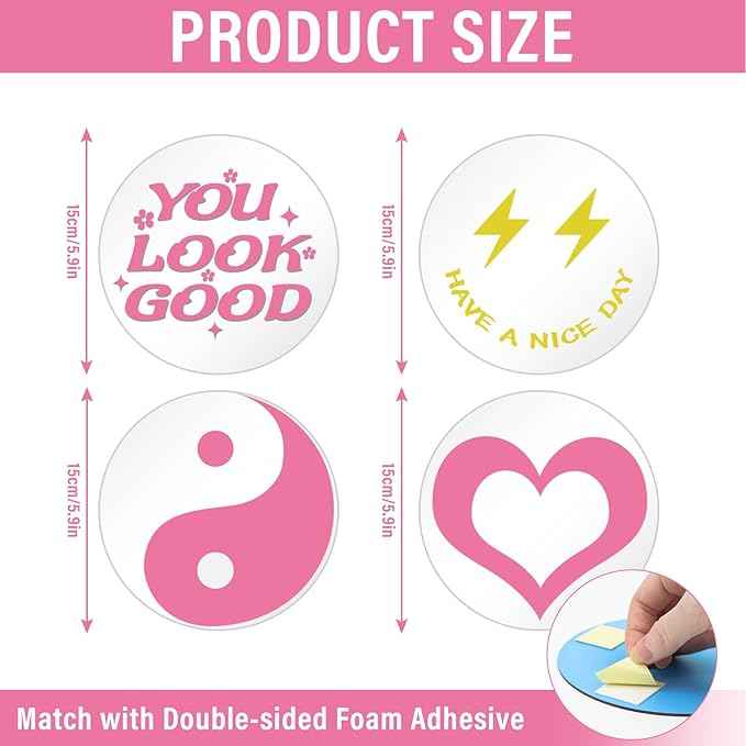 DARENYI 4Pcs Round Preppy Mirror Tiles 6 inch Acrylic Aesthetic Funky Mirror Wall Decor Preppy Room Decor for Bathroom Bedroom Vanity