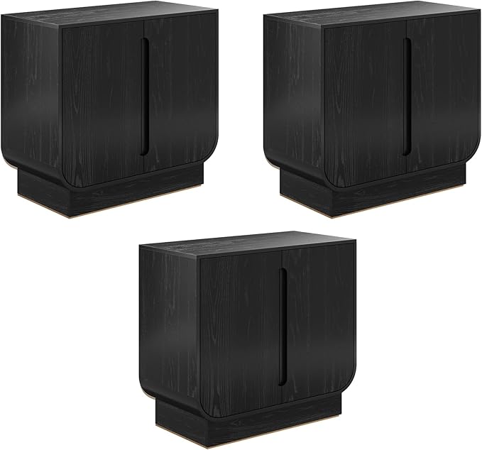 Nathan James Joey Mid Century Modern Storage Cabinet, Arched Accent Cabinet with Rounded Bottom Edges and Integrated Door Pull Cutouts, Black Oak Set of 3