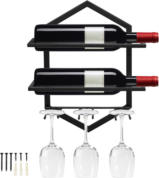 Wall Mounted Wine Stemware Rack, Metal Hanging Wine Glass Display Holde Holds 3 Cups 2 Bottles, Elegant Storage for Kitchen Dining Room Bar Wine Cellar (Black 1)