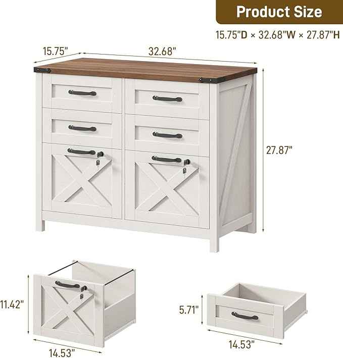 Vabches Lateral File Cabinet with 6 Drawers, Farmhouse File Cabinet with Lock for Letter/A4 Size, Large Wood File Storage Cabinets Printer Stand for Home Office Cabinets, Rustic White