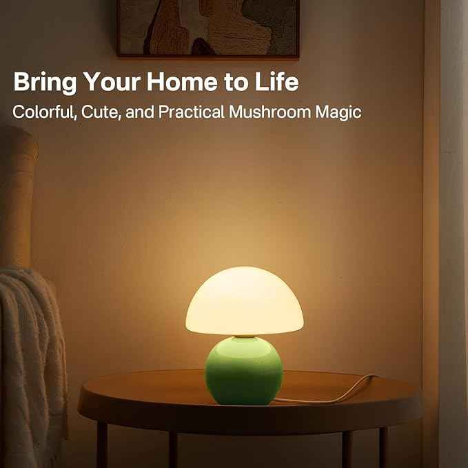Mushroom Lamp Table Lamp for Bedroom,Desk Bedside Small Lamps for Living Room Night Stands,Mushroom Decor Cute Mini Modern Mid Century Lamps,Unique Aesthetic Home Living Room Decor(Green)