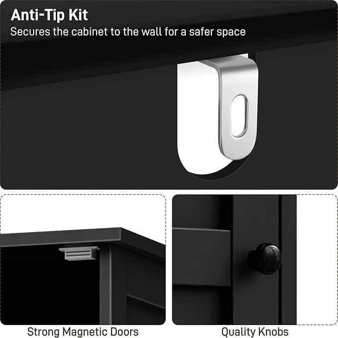 Vabches Tall Bathroom Cabinet, Slim Bathroom Storage Cabinet with Adjustable Shelves and 2 Doors, Narrow Floor Storage Cabinet for Bathrooms, Kitchen, Living Room, Black