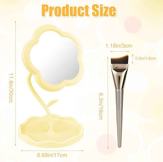 Yellow Desk Vanity Mirror Flower Compact Adjustable Desk Mirror Office Cubicle with Jewelry Tray & Foundation Brush, Cute Makeup Mirror with Standing, Home Decor for Bedroom Living Room Dormitory