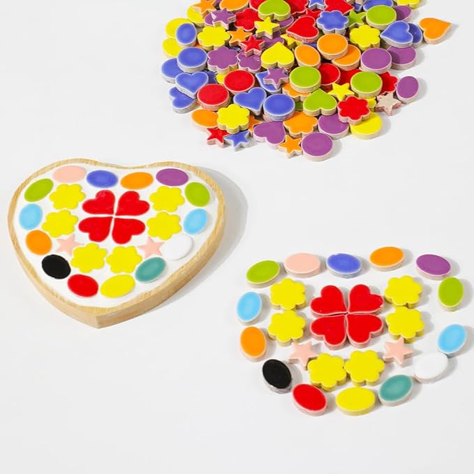 200g Ceramic Mosaic Tiles Pieces, Heart Star Oval Round Flower Shape Mosaics for Crafts Bulk,Student Adults Mosaic Kits Making (5 All Mix)