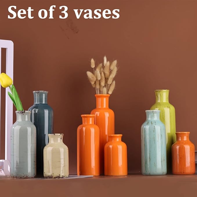 Ceramic Vase Set - 3 Orange Small Vases, Farmhouse Country Flower Vase Home Decor, Living Room Decoration, Table Decoration, Fireplace Decor, and Entrance Decorations Centerpieces