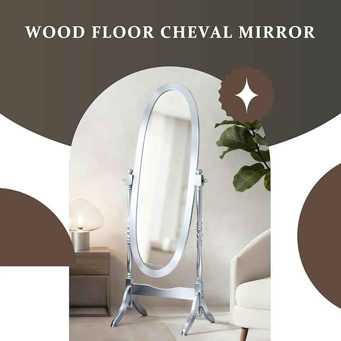 Full Length Mirror with Stand, Vintage Style Wood Floor Cheval Mirror, Traditional Adjustable Free Standing Mirrors Full Length (Silver)