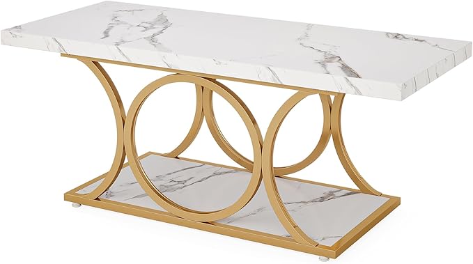 Tribesigns Rectangle Coffee Table, 46.45-inch Modern Coffee Tables for Living Room, 2-Tier Faux Marble Wood Coffee Table with Geometric Legs, Furniture with Storage Shelf (White & Gold)