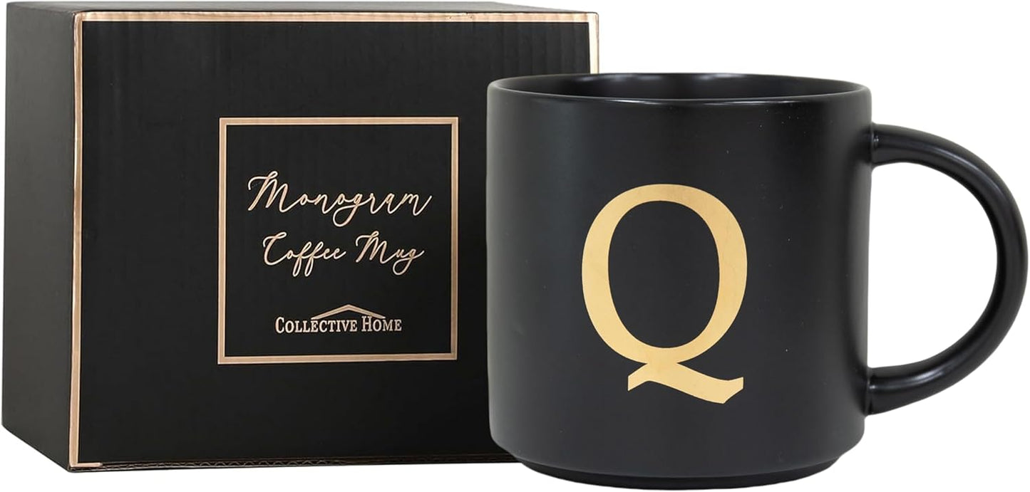 COLLECTIVE HOME - Monogram Ceramic Mugs, 15 oz Golden Initial Black Coffee Cups, Elegant Alphabet Tea Mugs, Elegant Personalized Mug with Gift Box, Unique Mug with Double Side Capital Lette (Q)