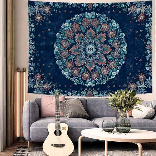Boho Floral Mandala Tapestry Wall Hanging Blue Bohemian Flower Medallion Tapestry Aesthetic Vintage Navy Hippie Indian Small Tapestries for Bedroom Living Room Dorm Decor 40 x 30 Inch