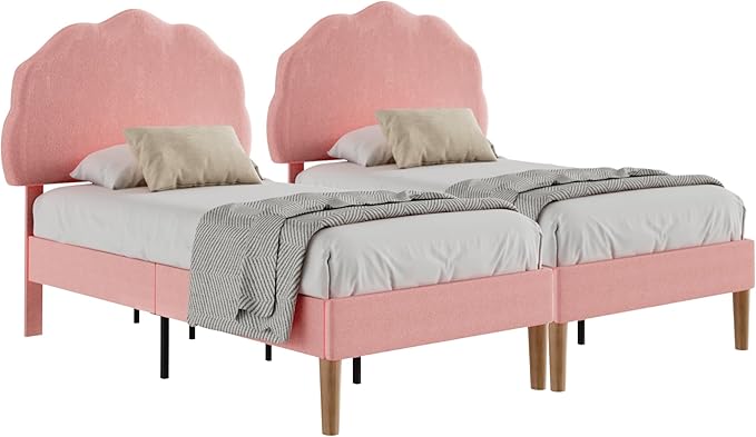 VECELO Twin Size Bed Frame Set of 2, Upholstered Platform Bedframe with Height Adjustable Plush Fabric Headboard, Strong Wood Slat Supports, No Box Spring Needed, Pink