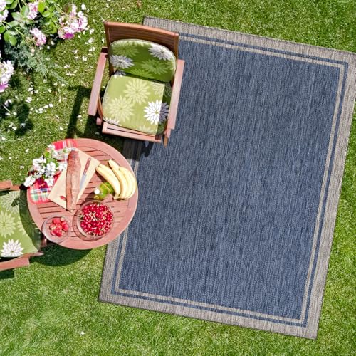 Outdoor Rug 8x10 Bordered Navy Blue Gray Modern Area Rugs for Indoor and Outdoor Patios (80 Sq Ft)