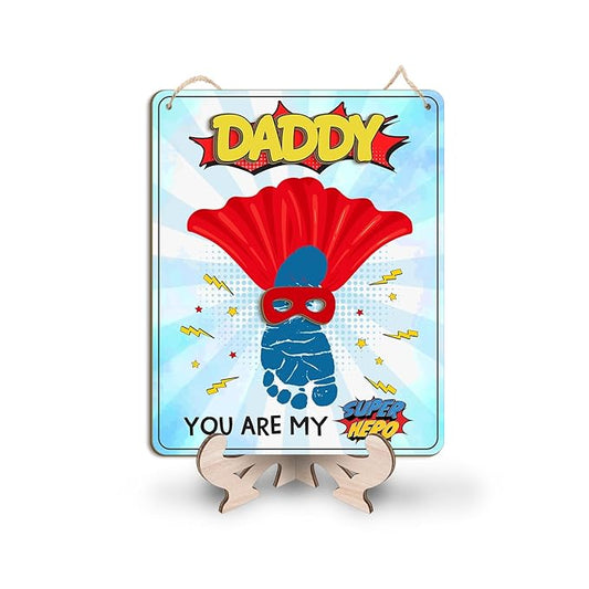DIY My Dad Superhero Baby Footprint Craft Plaque, Super Dad Gift for Fathers Day, Baby First Fathers Day Footprint Art Craft for Superdad, Super Dad Craft from Kid Footprint, Gift for Dad Keepsake