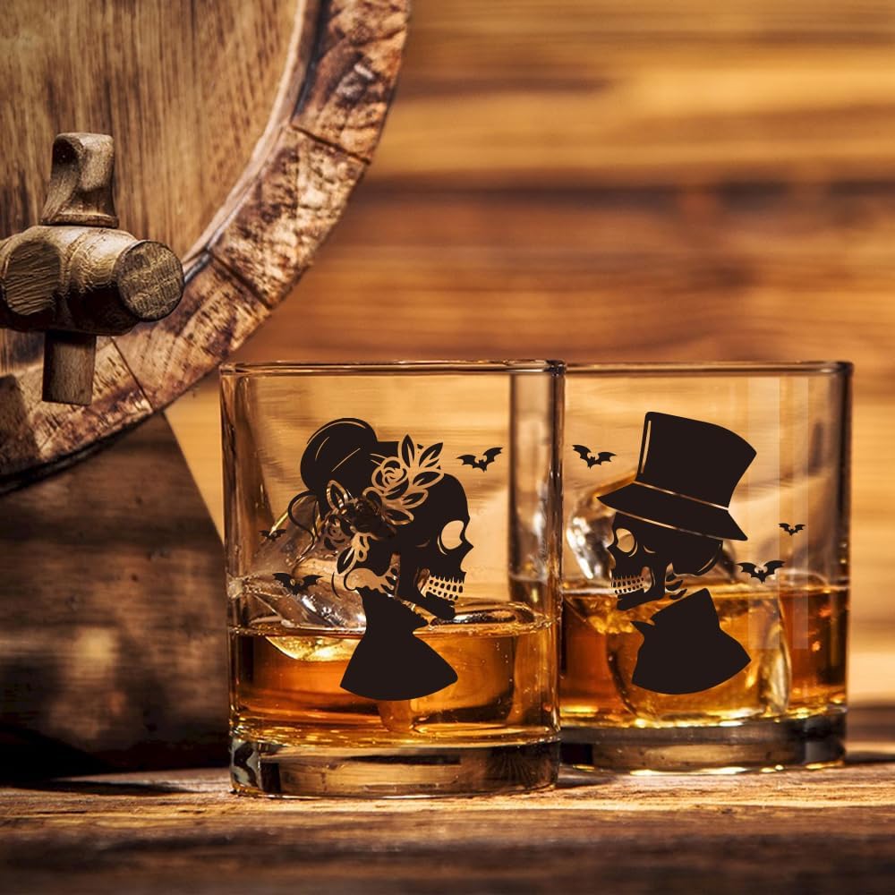 Perfectinsoy Skull Whiskey Glass 2 Piece with Metal Card, Couple Skull Gothic Design, Anniversary Wedding Gifts, Couple Gift for Boyfriend and Girlfriend, Valentine's Day Fall Halloween