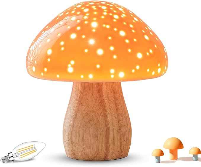 BOHON Mushroom Lamp, Ceramic Bedside Table Lamp for Bedroom Nightstand, Retro Vintage Orange Night Light, Small Aesthetic Lamp for Living Room Desk Home Decor, LED Bulb Included, Orange