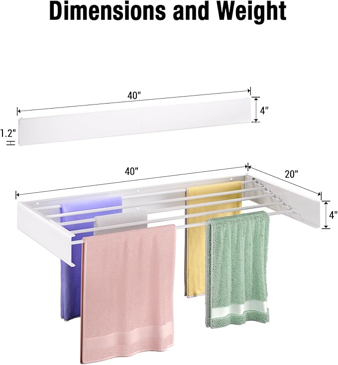 Wall Mounted Drying Rack 40", 5 Aluminum Poles, 60 lb. Load Capacity, Foldable, Retractable, Space Saving Clothes Drying Rack (40" White)