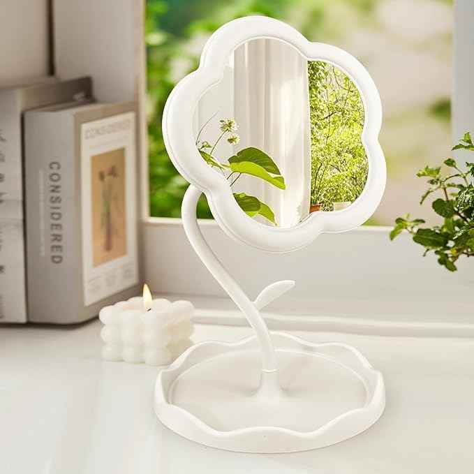 Desk Mirror, Desk Flower Compact Adjustable Vanity Mirror, Office Cubicle with Jewelry Tray & Foundation Brush, Cute Makeup Mirror with Standing, Home Decor for Bedroom Living Room Dormitory(White)