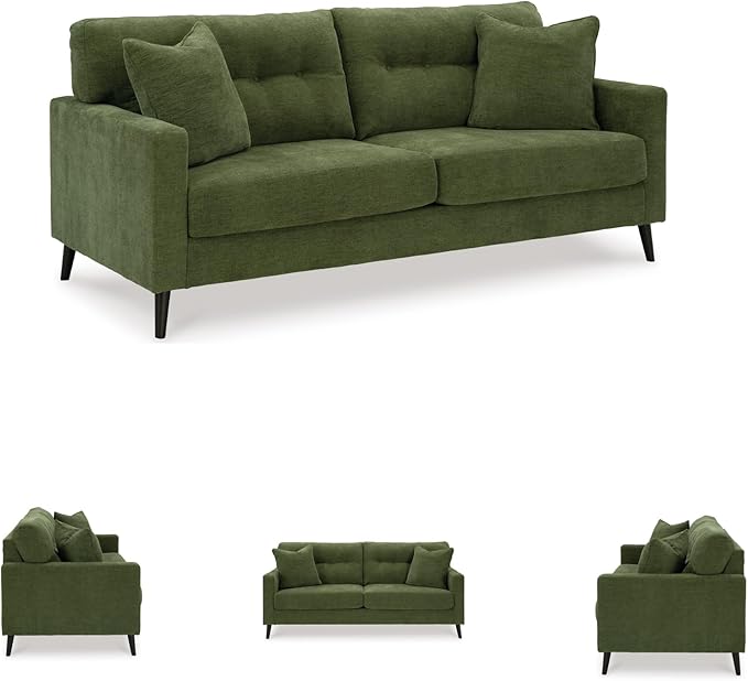 Signature Design by Ashley Bixler Mid-Century Modern Tufted Sofa with 2 Toss Pillows, Green
