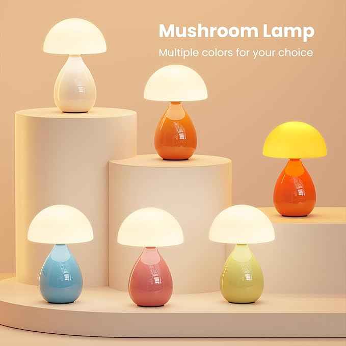 Mushroom Lamp Bedside, Mini Modern Lamp Small Vintage Table Nightstand Light, Small Light Dimmable for Bedroom, Living Room, Ceramic Base Glass Led Home Decor for Woman Children Gift