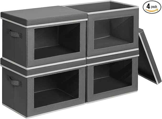 Storage Bins with Lids - Small Fabric Organizers with Window, Collapsible Storage Bins for Clothes, Decorative Closet Organizers for Towels, Tshirt, 4 Pack, Dark Grey