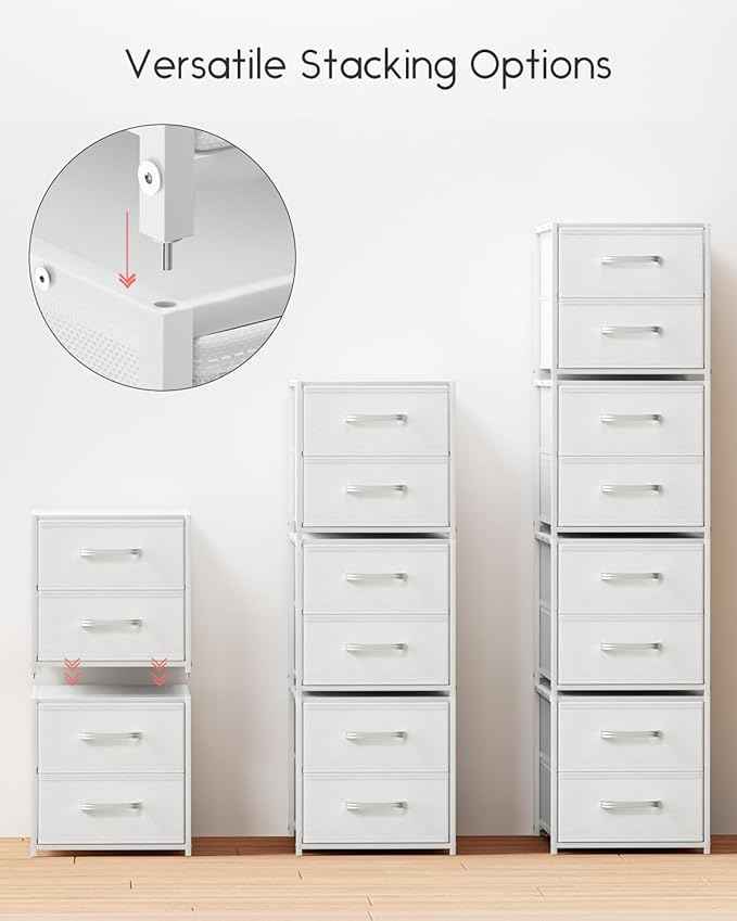 Stackable Storage Drawers - 2 Tier Closet Drawers, Closet Organizer with Metal Handles, Night Stand with Collapsible Bins, Fabric Dresser for Bedroom, Dorm, Office, White, 2 Pack