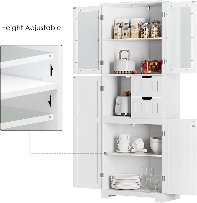 67'' Tall Bathroom Storage Cabinet, Linen Cabinet with Glass Doors and Adjustable Shelves, Kitchen Pantry with 2 Drawers for Bathroom, Living Room, Dining Room, White