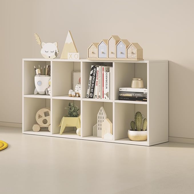 Wood Cube Storage Organizer Closet Cabinet for Living Room Bedroom Study Shelf Bookcase Wooden Floor Standing Open Bookshelf for Kids Home Office Display Storage Cabinet (White, 8-Cube, 11.81in)