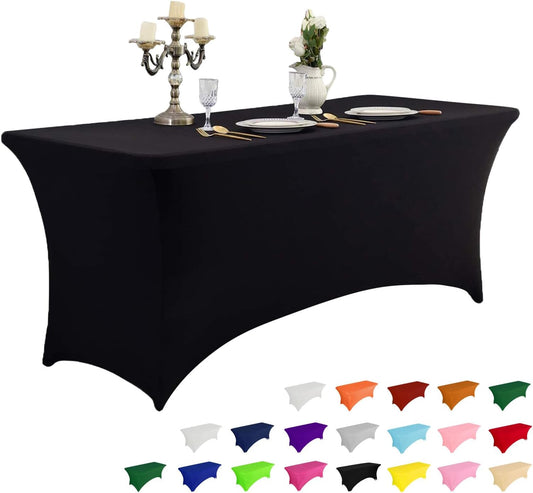 IVAPUPU 6FT Spring Table Cloth for Rectangular Fitted Events Stretch Black Table Covers Washable Cover Spandex Tablecloth Protector for Party, Wedding, Cocktail, Banquet, Festival