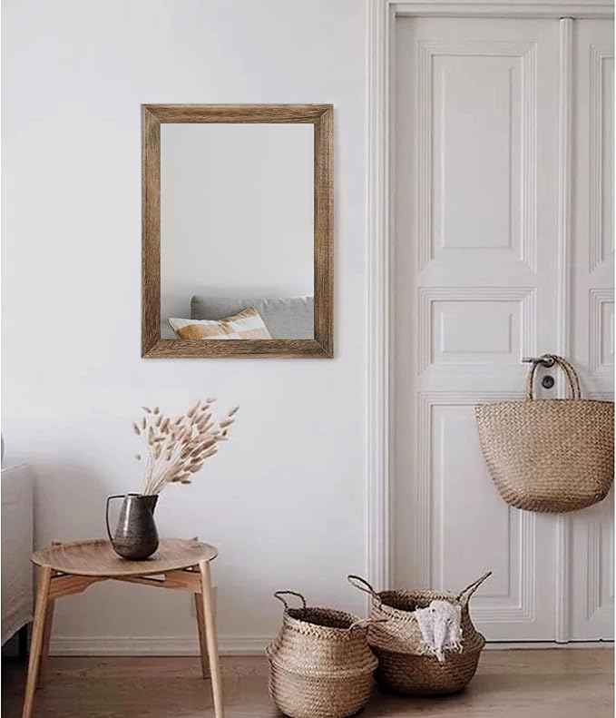 AAZZKANG Rustic Wood Mirror Rectangle Decorative Wall Mirrors with Frame Large 20"x16"for Bedroom Living Room Bathroom Entryway Hanging Brown