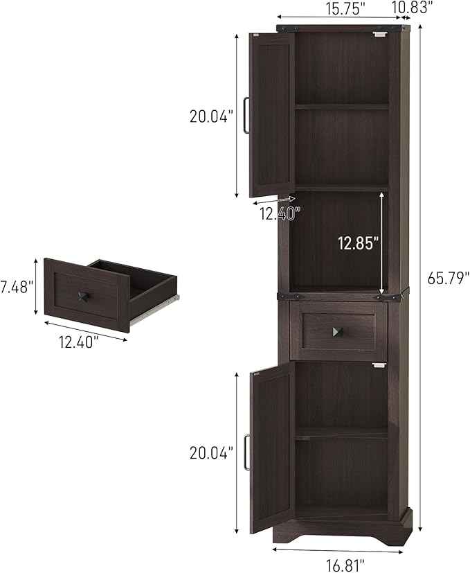 66" Tall Farmhouse Bathroom Storage Cabinet with Barn Doors and Drawer, Narrow Storage Unit, Adjustable Shelves & 5-Tier Space, Freestanding Cabinet for Bathroom, Entryway, Kitchen, Espresso