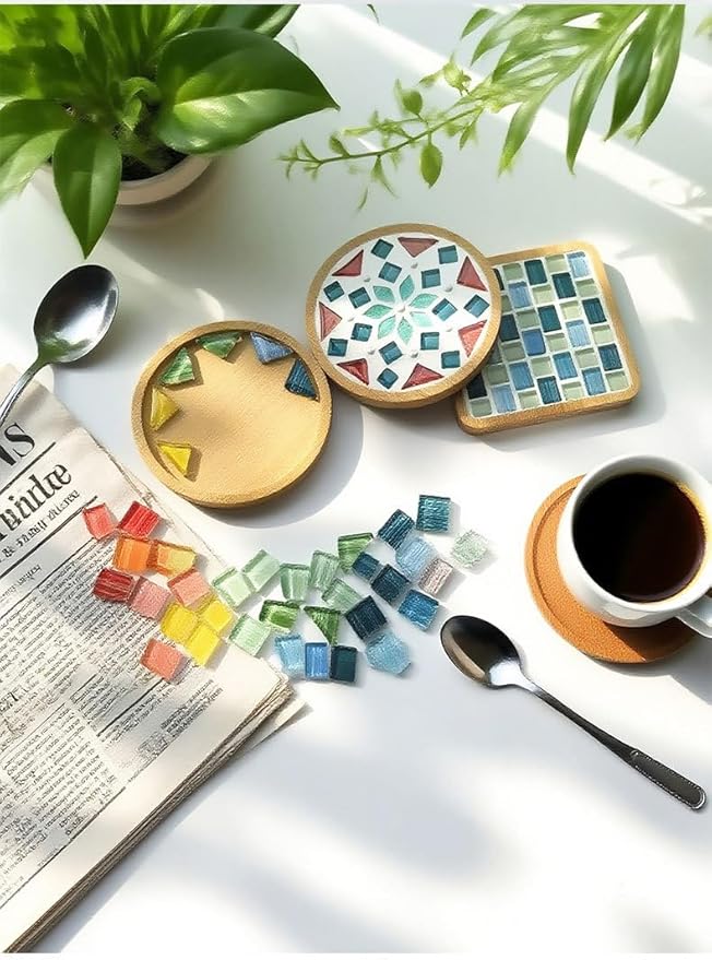1.1LB Glass Mosaic Tiles for Crafts – Mixed Shape, Vibrant Color, Pre-Cut Smooth Edges for DIY Coasters, Picture Frames, Vases, Candle Holders