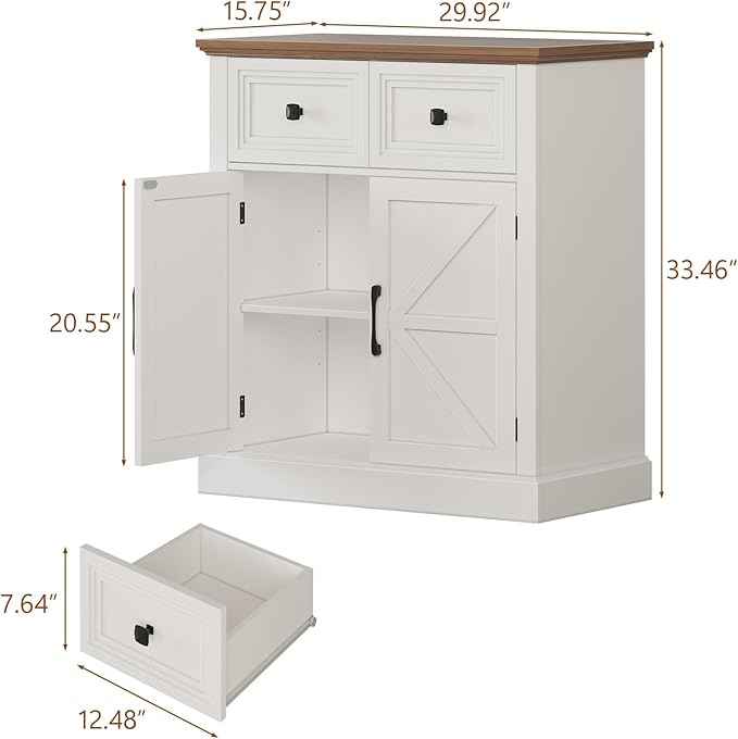 Vabches Farmhouse Buffet Sideboard with Drawers, Wood Pantry Cabinet with Storage, Rustic Storage Cabinet with Adjutable Shelf and Barn Door for Kitchen, Dining Room, Living Room, White