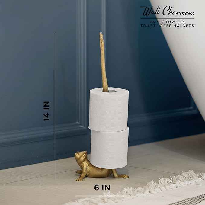 WallCharmers Gold Paper Towel Holder, Metal Toilet or Kitchen Paper Holder for Floor or Countertop, Gold Frog