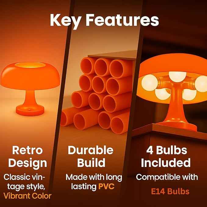 Orange Mushroom Lamp with 4 Replacable Bulbs– Retro Mid-Century Modern Mushroom Light for Bedroom, Nightstand or Desk