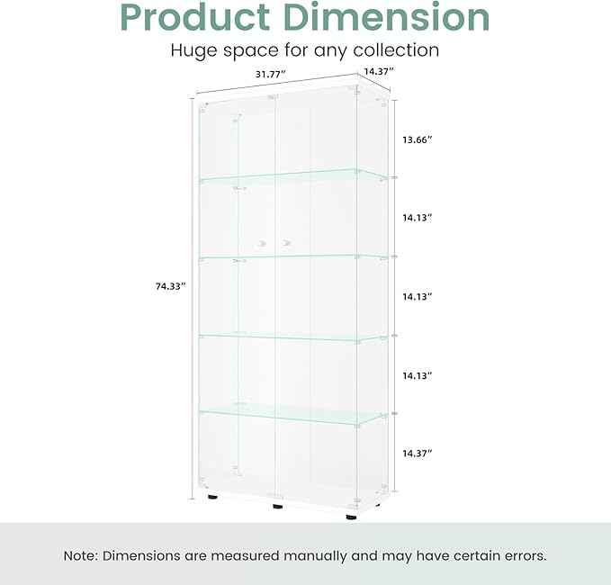 Beauty4U Glass Display Cabinet with 5 Shelves, Curio Cabinets for Living Room, Bedroom, Office, White Floor Standing Glass Bookshelf, Quick Installation