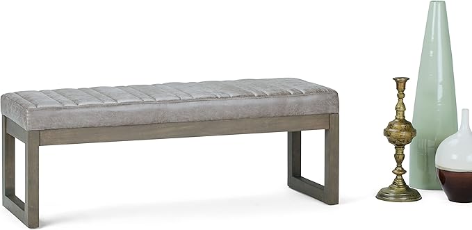 SIMPLIHOME Casey Ottoman Bench - 48 inch Wide Upholstered Vegan Leather Rectangle Ottoman in Distressed Grey Taupe, Contemporary Modern Bench for Bedroom with Quilted Stitching, Assembled