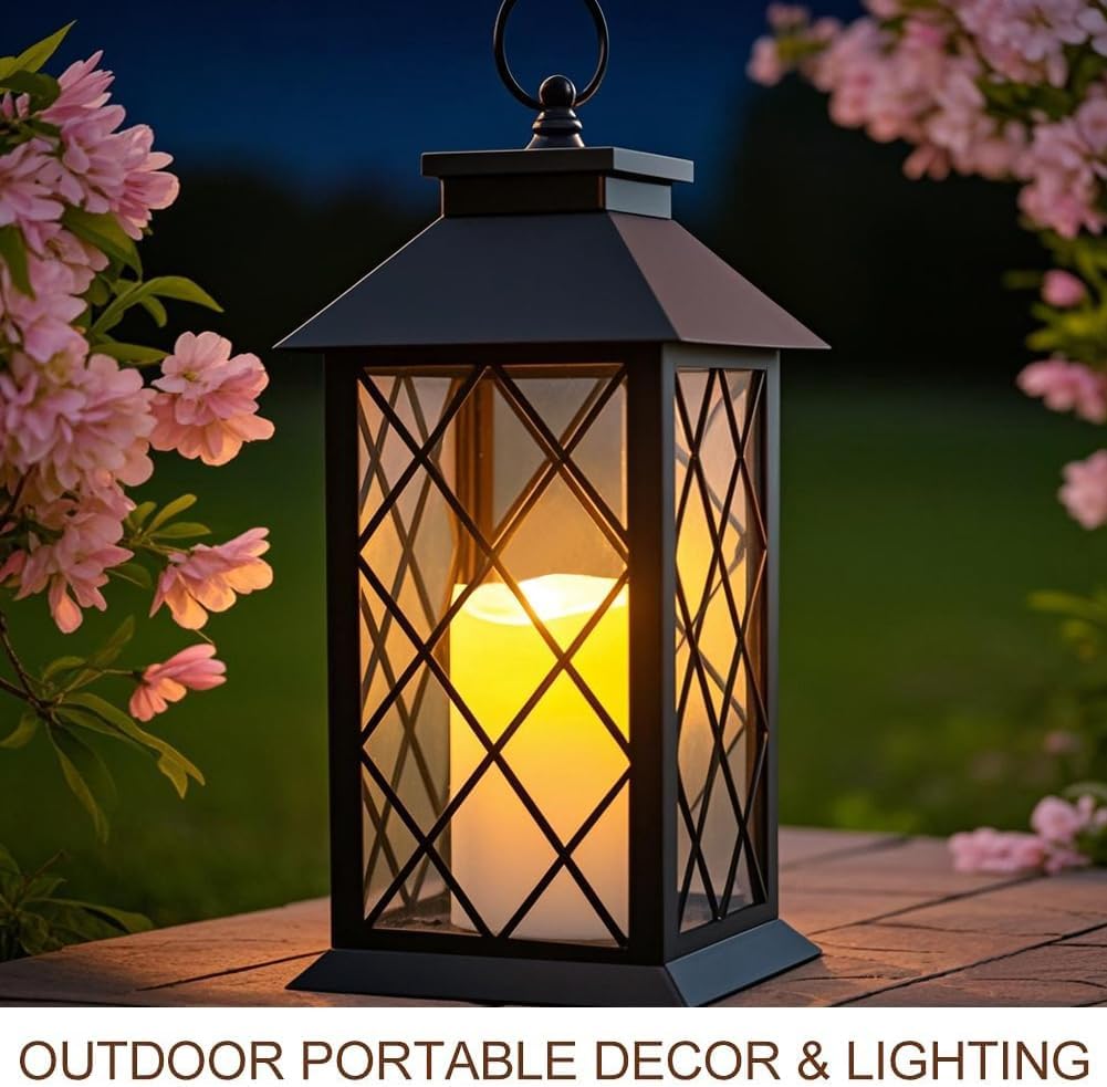 Bright Zeal 2-Pack 13.5" Vintage Candle Lantern with LED Pillar Candle (Black, 6hr Timer) - IP44 Waterproof Battery Powered Candle Lantern - Outdoor Patio Hanging Lantern Decorative Tabletop Lantern
