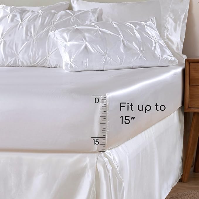 MR&HM Satin Comforter King 7 Pieces - Luxurious Pinch Pleat Bedding Set with Comforter, Flat Sheet, Fitted Sheet, Pillowcases & Shams, Super Silky Soft Bed Set for All Season (King, White)